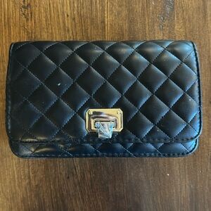 Quilted black leather purse - clutch or with strap - with gold detail